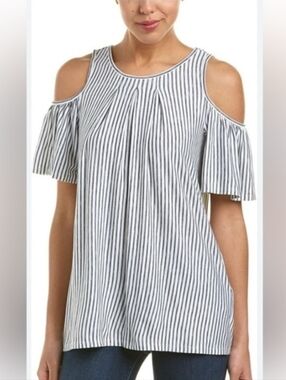 Max Studio Gray Striped Cold Shoulder Top